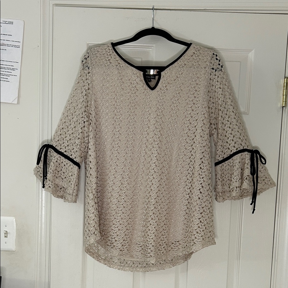 Olivia Blu - Elegant Beige Lace Top with Black Trim (NWOT)